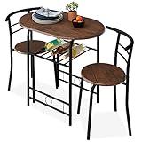 Best Choice Products 3-Piece Wooden Round Table & Chair Set for Kitchen, Dining Room, Compact Space w/Steel Frame, Built-in Wine Rack - Black/Brown