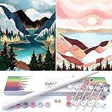 BAISITE Paint by Numbers Kit for Adults Beginners,12" Wx16 L 2 Pack Canvas for Painting Kits for Adults in Colorful Box-Sunset Lake Mountains1112