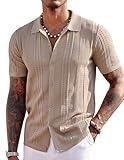 COOFANDY Men's Knit Shirts Short Sleeve Button Down Polo Shirt Fashion Casual Summer Beach Shirts, Khaki, X-Large