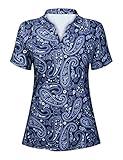 Cucuchy Plus Size Short Sleeve Golf Shirts for Women Ladies Polo Golf Outfits Short Sleeve V Neck Lightweight Moisture Wicking Summer Yoga Workout Tops Pattern Blue 2XL