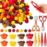 EZdhuawuse Fall Fine Motor Toys - 294P Fall Thanksgiving Counting Sorting Sensory Bin Filler Set for Kids Autumn Counting Toy with Felt Maple Leaf Pom Poms Cup Clip for Preschool Education Activities