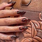 IMRAIN Fall Press on Nails Medium Almond Fake Nails Brown Glossy Glue on Acrylic Nails Full Cover Amber-Brown Artificial Fall Stick on Nails Gel False Nails for Women 24Pcs