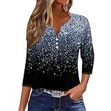 EKIYVO 3/4 Length Sleeve Womens Tops Henley Neck Plus Size Elbow Ladies Tops Blouses 3/4 Length Petite Tops Print Dressy Casual Cotton Three Quarter Blusas Casuales De Mujer Navy Large 431