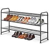 KEETDY 3-Tier Long Shoe Rack for Closet Metal Shoe Organizer for Entryway, Wide Stackable Shoe Storage Shelf with Sturdy Wire Grid for Closet Floor, Bedroom, Black