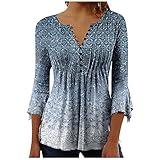 Lightning Deals of Today Prime Summer Tops for Women 2024 Trendy Boho Floral Print Tunic Shirts 3/4 Bell Sleeve Button Casual Loose Henley Blouse Dressy Blouses for Women Blue S