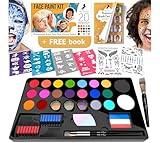 Face Painting Kit for Kids Party - 20 Non-Toxic Water-Based Paints, 3 Glitters, 2 Hair Chalks, Combs, 3 Brushes, 40 Stencils, 2 Tattoo Sheets - Professional Facepaint Makeup Kit for Sensitive Skin