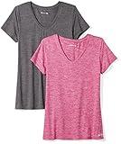 Amazon Essentials Women's Tech Stretch Short-Sleeve V-Neck T-Shirt (Available in Plus Size), Pack of 2, Charcoal Heather Space Dye/Raspberry Red Space Dye, Medium