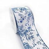 Designer’s Shop WR 63-5156 Blue Rose Floral on Cream Wired Edge Ribbon 2.5” x 10 Yard for DIY Crafting, Home Décor