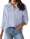 AISEW Womens Button Down Shirts Striped Classic Long Sleeve Collared Office Work Blouses Tops with Pocket (Blue, 7002XXL)