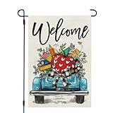 CROWNED BEAUTY Back To School Garden Flag 12x18 Inch Double Sided Small Burlap Holiday Blue Truck Welcome Flag for Outside Yard Party Decoration CF1655-12