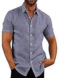 COOFANDY Men's Western Casual Shirt Button Up Basic Solid Linen Business Shirts Short Sleeve - Blue