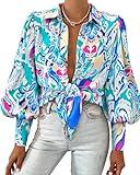 BTFBM Women Fashion Button Down Shirts Lapel V Neck Printed Solid Boho Long Sleeve Blouses Dressy Casual Summer Fall Top(Multi Green Blue, Medium)