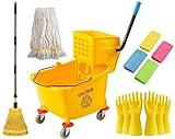 BERPET Commercial Mop Bucket with Side Press Wringer on Wheels, 35-Quart Mop and Bucket with Wringer Set for Home, 10Pcs Mop and Bucket Set