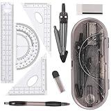 Math Geometry Kit Set 8 Pieces Student Supplies with Shatterproof Storage Box,includes Rulers,Protractor,Compass,Pencil Lead Refills,Pencil,Eraser.for Students and Engineering Drawings