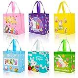 JWSCYSY 6Pcs Easter Non-woven Bags with Handle, Happy Easter Gift Bags for Kids, Treat Bags Rabbit Bunny, Reusable Easter Goodie Bags-Waterproof