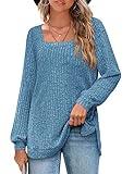 Womans Clothing Trending Fall Tops High Low Side Split Lightweight Sweatshirts Blue L