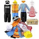 Jeowoqao Boy's Dress Up Costumes Set, Role Play Set 11-pcs Trunk Pirate, Chef, Construction Worker, Policeman Costume Fit Kids Girls Age from 3-6