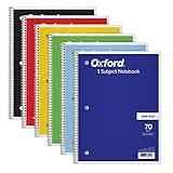 Oxford Spiral Notebook 6 Pack, Bulk Wide Ruled Spiral Notebooks for School, 1 Subject Journal, Wide Ruled Paper, 8 x 10-1/2 Inch, Blue, Yellow, Red, Light Blue, Green and Black, 70 Sheets (65010)