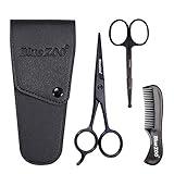 BlueZOO Beard Mustache Scissors and Comb Kit with PU Storage Bag, Rounded Safety Nose Hair Scissor for Men and Women Care Grooming, Ear Trimming Tool, Shears for Personal Grooming, Cutting & Styling