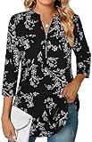 Ninedaily Womens Tops Dressy Casual,Fall Outfits 2024 3/4 Sleeve Ladies Blouses Office Work Business Trendy Tunic Shirts Wear with Leggings Black White Floral,Size L