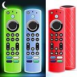 OneBom (3Pcs) Silicone Remote Case Glow in The Dark for Firetv 4K Max (2nd)/Insignia/Pioneer/Omni (QLED) Series with Lanyard, Lightweight Anti-Slip Shockproof(Glow Green&Glow Blue&Red)