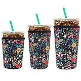 YR Reusable Neoprene Insulator Sleeve for Iced Coffee Cups, 3 Pack Coffee Coolies sleeves for Iced & Hot Drinks, Cold Beverage Cooler Compatible with Starbucks Dunkin Coffee and More (Little Flower)