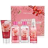 Vital Luxury Bath & Body Kit, 3 Fl Oz Travel Size, Ideal Skincare Relaxing Home Spa Set, Includes Body Lotion, Shower Gel, Body Cream, and Fragrance Mist, Bath Gifts for Her and Him (Japanese Cherry