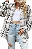 CHYRII Womens Button Down Flannel Shirts Long Sleeve Plaid Shacket Business Casual Blouse Topss White -7122 M