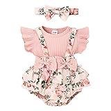 FOCUTEBB 9 Months Baby Girl Clothes Newborn Baby Girls Summer Clothing Short Sleeve Summer Outfits Cute Romper One-piece Jumpsuit Bodysuit Outfit Set Headband Summer Clothes Set Pink 9-12 Months