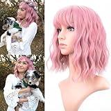 VCKOVCKO Pastel Wavy Wig With Air Bangs Women's Short Bob Purple Pink Wigs Curly Wavy Shoulder Length Pastel Bob Wigs Synthetic Wig for White Women Girls Daily Use Colorful Wigs(12", Purple Pink)