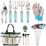 Garden Tools Set，16 Piece Floral Gardening Gifts for Women, Gardening Hand Tool Birthday Gifts for Mom, Heavy Duty Gardening Tools with Pruning Shears & X-Large Handle Storage Tote