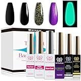 Arousar Gel Base and Top Coat Set, 6pcs Combination Base Coat Nail Polish with Matte, No Wipe, Gold Foil, Glow in the Dark and Seashell Top Coats Kit for Easy and Creative Nail Art