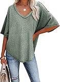 Dokotoo Womens Summer Casual Ladies V Neck Short Sleeve Shirts Waffle Knit Henley Tunic Tops Loose Fit Flowy Blouses Office Fashion 2024 Summer Green L