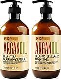 Argan Oil Shampoo and Conditioner Set - Sulfate Free Moroccan Care with Keratin - For Curly, Straight, Dry and Damaged Hair - Moisturizing, Hydrating, Anti Frizz Salon Technology