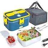 DUPASU Electric Lunch Box, Food Heated 12V 24V 110V Portable Food Warmer Heater for Car/Truck/Home, 80W Self Heating Box with 1.8L 304 Stainless Steel Container 0.45L Compartment (Blue+Yellow)