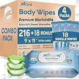 XL Deodorizing Body Wipes with Vitamin E Aloe Scent 9x11 | Thick Cleansing Natural Adult Shower Wipes | Hypoallergenic Washcloths Incontinence Camping Travel Gym | Combo Pack 216 + 18 Individual Wipes