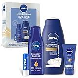 NIVEA Nourishing Moisture Collection Skin Care Set, Nourishing Care Body Wash, 20 Fl Oz Bottle + Body Lotion, 13.5 Fl Oz Bottle + Hand Cream, 2.6 Oz Tube + Moisture Lip Care Balm, 0.17 Oz Stick