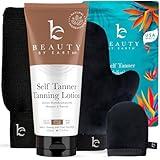 Self Tanner Kit - USA Made with Organic & Natural Ingredients, Tanning Lotion with Glove & Exfoliating Mitt, Non Toxic Gradual Tan Lotion, Sunless Tanner for Fake Tan, Streak Free & No Orange Tones