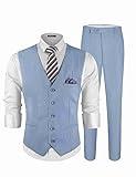 MAGE MALE Men's Linen 2 Piece Suit Slim Fit Wedding Groomsmen Summer Vest Pants Set with Pocket Square Light Blue