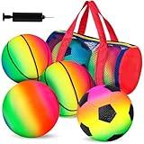 Shindel Sports Balls Set, 4PCS Rainbow Inflatable Balls Includes Football Basketball Bouncing Balls, Fun Indoor Outdoor Toys Sport Toys Soft Bouncy Playground Kickball for Kids and Adult Gifts