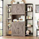 HITHOS 70" Kitchen Pantry Storage Cabinet, Tall Kitchen Hutch Cabinet with Microwave Stand, Industrial Pantry Cabinet with 8 Open Shelves & Coffee Bar Cabinet for Dining Room, Living Room, Ash Gray