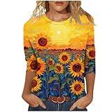 FOCLMP Womens 3/4 Length Sleeve Summer Shirts Floral Boho Blouses Tshirts Trendy Dressy Casual Tops Vacation 2024 Clothing Travel Outfits for Women Yellow 2X