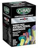 CURAD Performance Series Ironman Antibacterial Bandages, Extreme Hold Adhesive Technology, Finger & Knuckle Bandages, Flexible Fabric, Variety Pack with Assorted Sizes & Colors, 50 Count