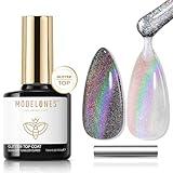 Modelones Glitter Gel Top Coat, 2 in one Cat Eye Glitter Gel Nail Polish with Magnet Stick 9D Holographic Glossy Sparkle Finish Long Lasting Soak Off Rainbow Glitter Gel Polish Nail Art Supplies