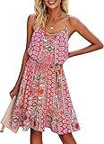 PRETTYGARDEN Women's Summer Spaghetti Strap Dresses Floral Print Crewneck Sleeveless Ruffle Mini Short Dress with Belt (Pink, Medium)