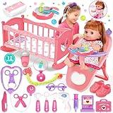 PROOU Baby Doll Toys Set, 14" Doll Toys, 25Pcs Doll Care Playset, Baby Doll Doctor Kit for Toddlers Incl Cradle Crib, High Chair, Stethoscope, Doctor Bag, Baby Gift for 3 4 5 6+ Year Old Girls Boys