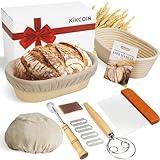 KIKCOIN Banneton Bread Proofing Basket, 10 Inch Oval Sourdough Bread Baking Supplies, Sourdough Proofing Basket Set of 2, Sourdough Starter Kit with Bread Lame, Linen Liner, Metal Scraper, Dough Whisk