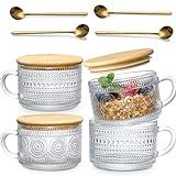 LANDNEOO 4pcs Set Vintage Coffee Mugs gifts for women, Overnight Oats Containers with Bamboo Lids and Spoons - 14oz Clear Embossed Glass Cups, Cute Coffee Bar Accessories, Iced Coffee Glasses