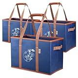 Liviable Reusable Grocery Shopping Bags, Foldable, Heavy Duty Tote, Box Bags with Long Handles and Solid Bottom, Large - Set of 3, Navy Blue