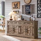 JXQTLINGMU 66" Large Buffet Sideboard Cabinet with 4 Doors and 3 Drawers, Buffet Table Coffee Bar Wine Bar Storage Cabinet for Dining Room, Living Room (Warm Brown)